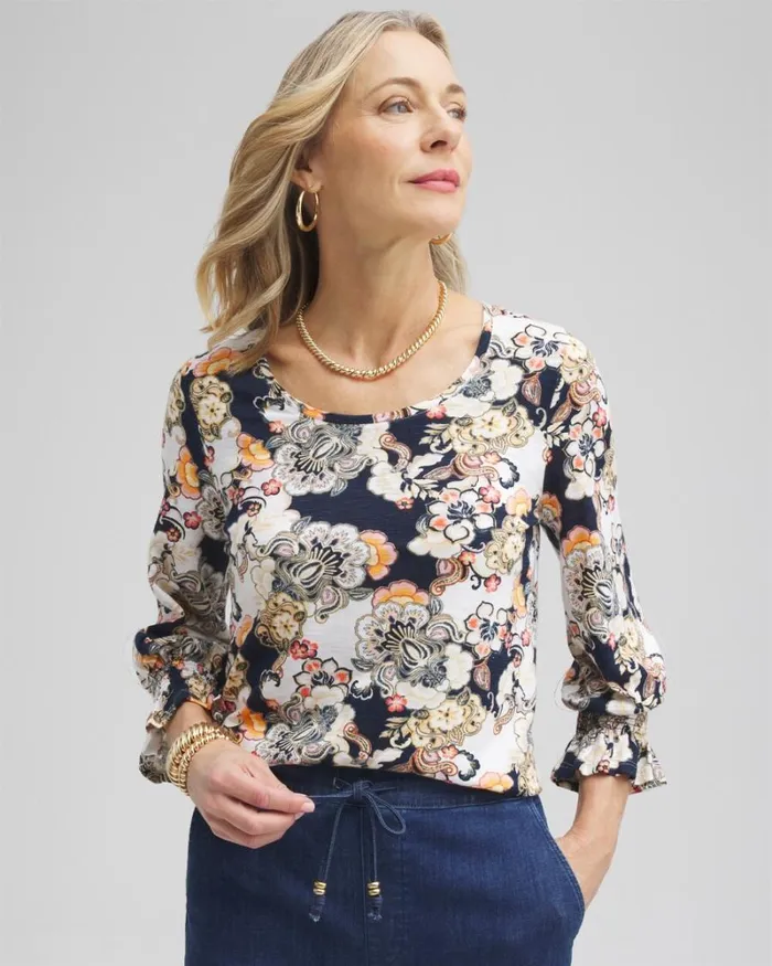 Chico039s Tops Abstract Smocked 34 Sleeve Tee Nectarine 8211 Clothing