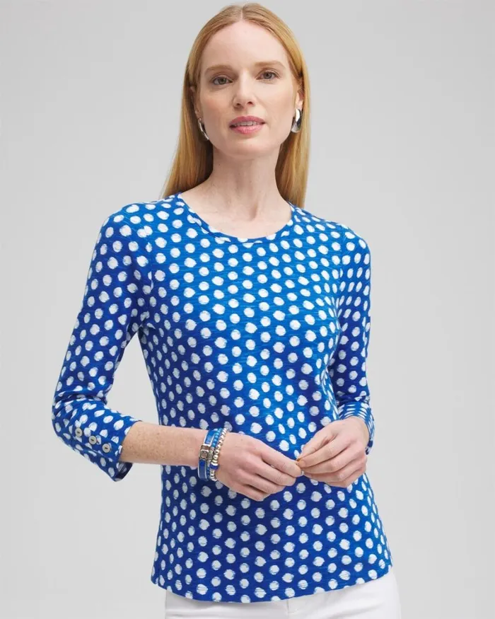 Chico039s Tops Dot Print 34 Sleeve Button Tee Intense Azure 8211 Clothing