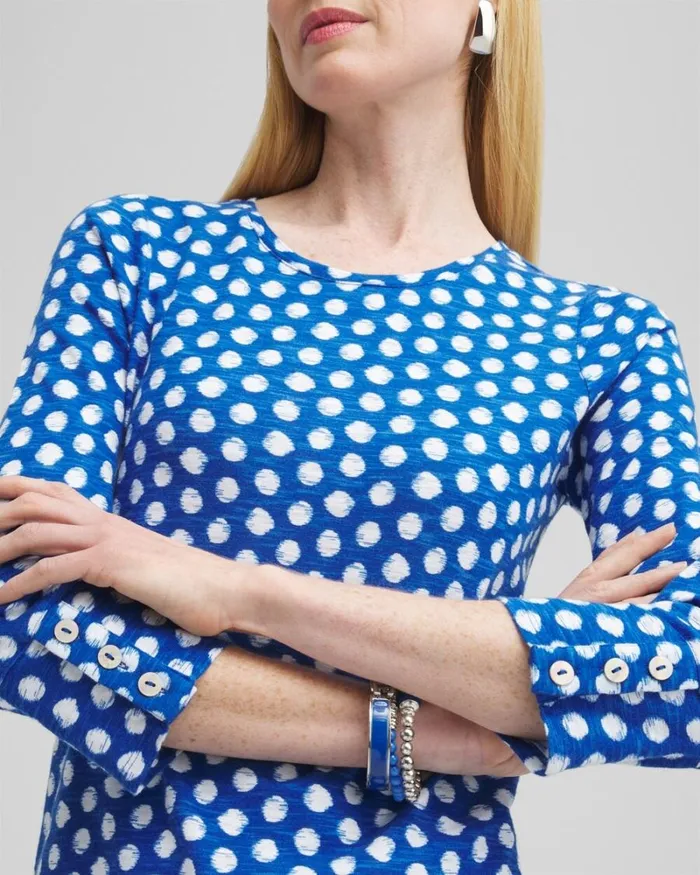 Chico039s Tops Dot Print 34 Sleeve Button Tee Intense Azure 8211 Clothing