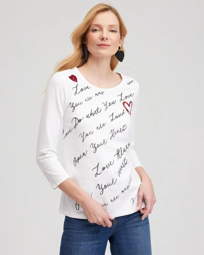 Chico039s Tops Embroidered Love Note Tee Alabaster 8211 Clothing