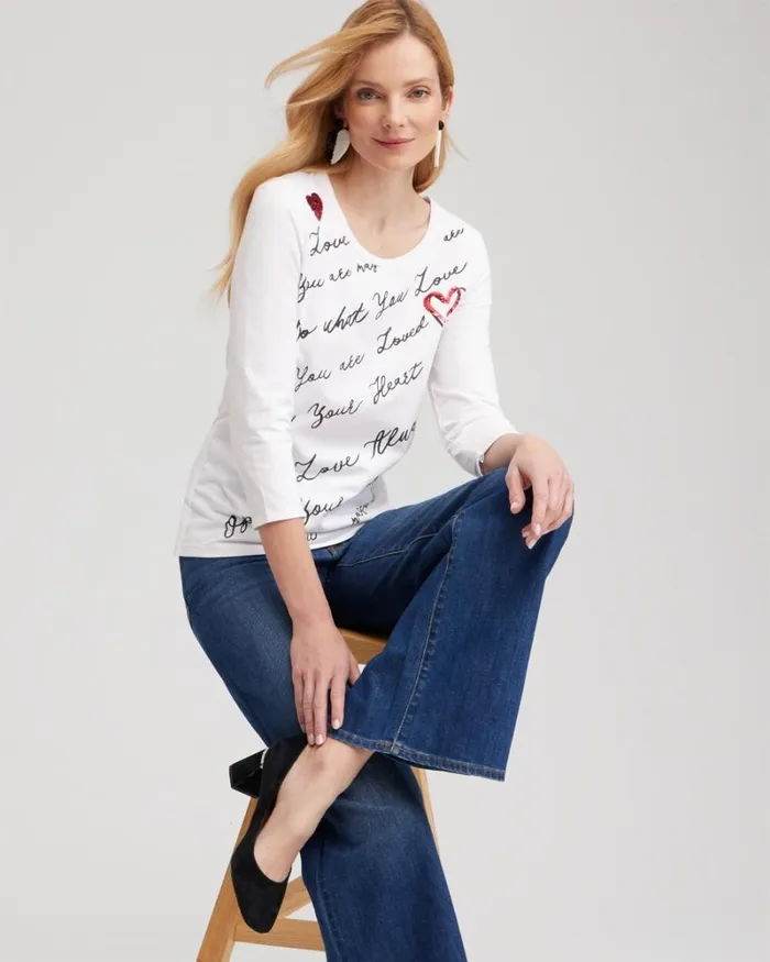 Chico039s Tops Embroidered Love Note Tee Alabaster 8211 Clothing