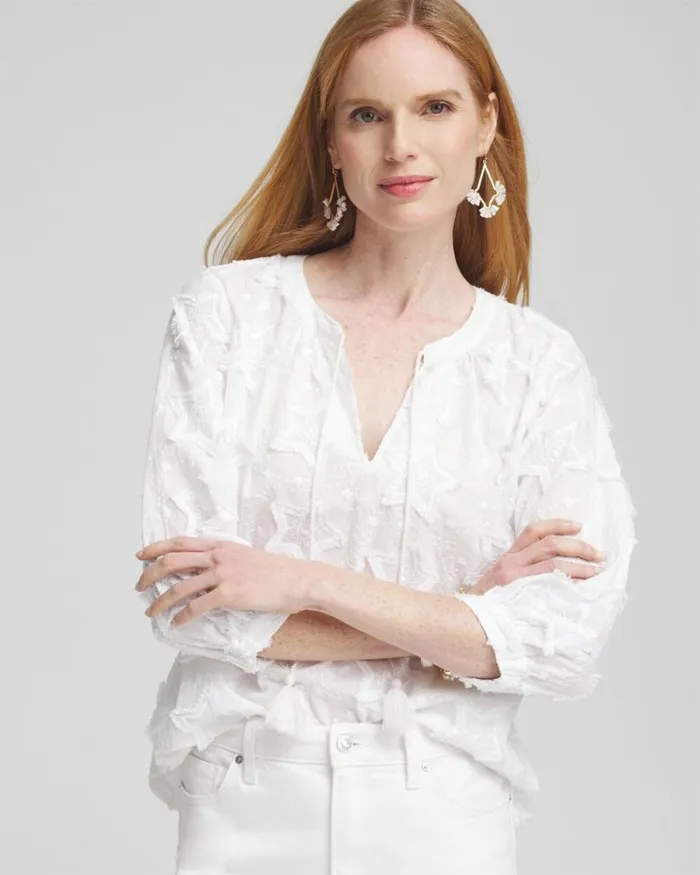 Chico039s Tops Embroidered Stars Peasant Top Alabaster 8211 Clothing