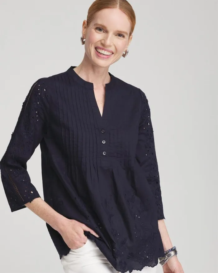 Chico039s Tops Eyelet Scallop Hem Blouse Classic Navy 8211 Clothing
