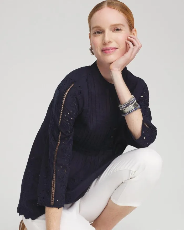 Chico039s Tops Eyelet Scallop Hem Blouse Classic Navy 8211 Clothing