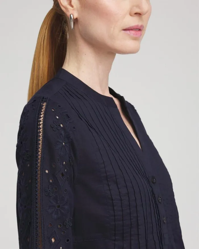 Chico039s Tops Eyelet Scallop Hem Blouse Classic Navy 8211 Clothing