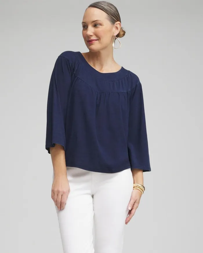 Chico039s Tops Faux Denim Eyelet Trim Top Riviera Authentic 8211 Clothing