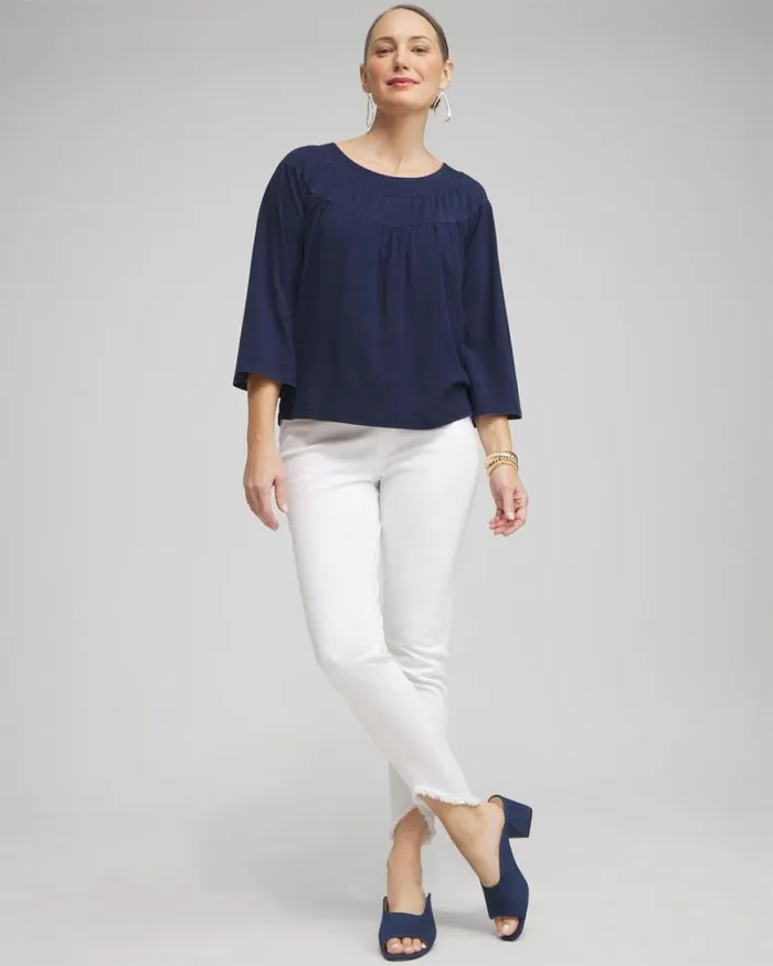 Chico039s Tops Faux Denim Eyelet Trim Top Riviera Authentic 8211 Clothing