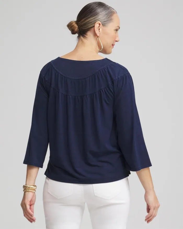 Chico039s Tops Faux Denim Eyelet Trim Top Riviera Authentic 8211 Clothing