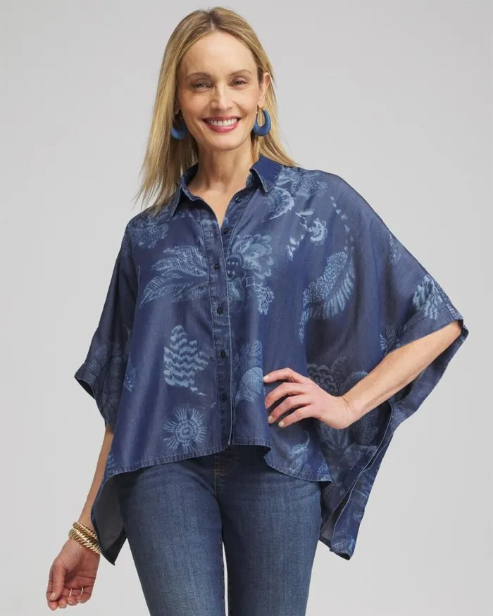 Chico039s Tops Floral Button Front Poncho Indigo 8211 Clothing