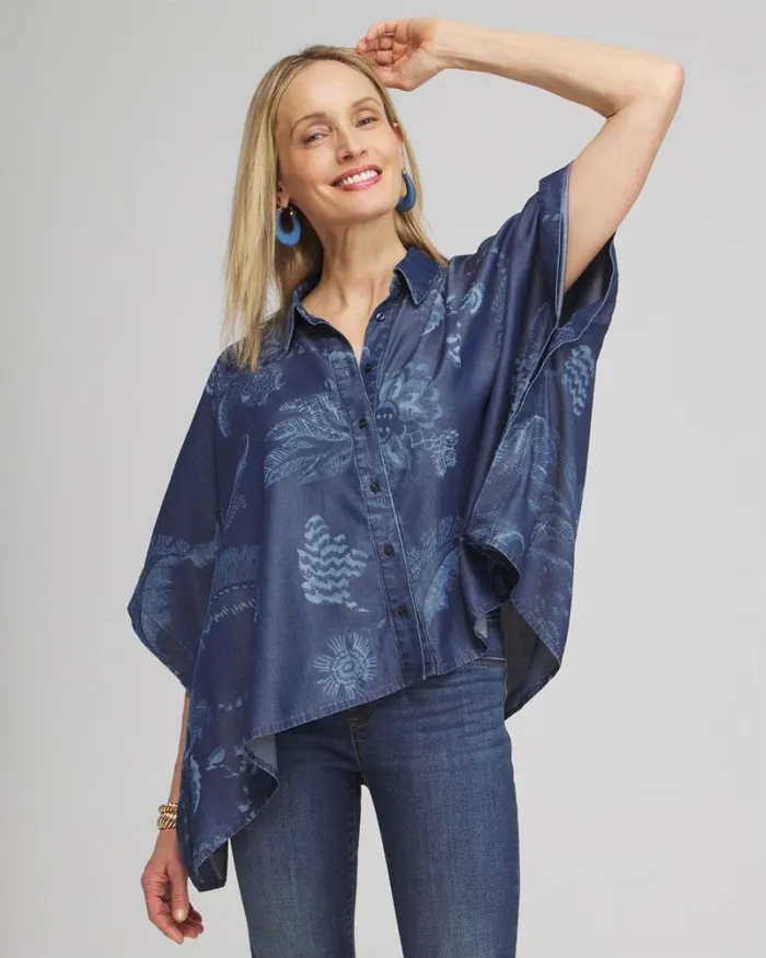 Chico039s Tops Floral Button Front Poncho Indigo 8211 Clothing