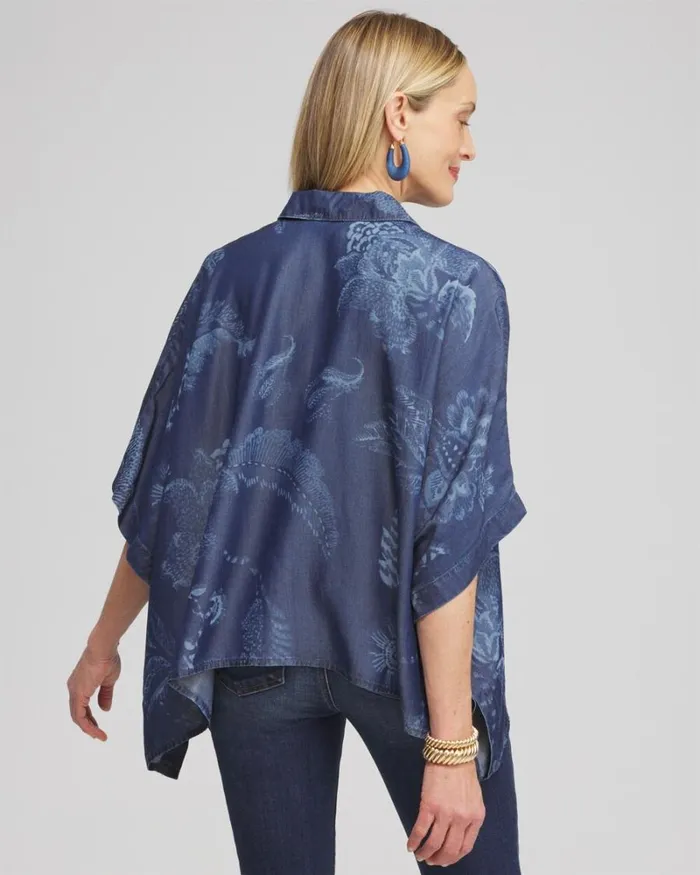 Chico039s Tops Floral Button Front Poncho Indigo 8211 Clothing