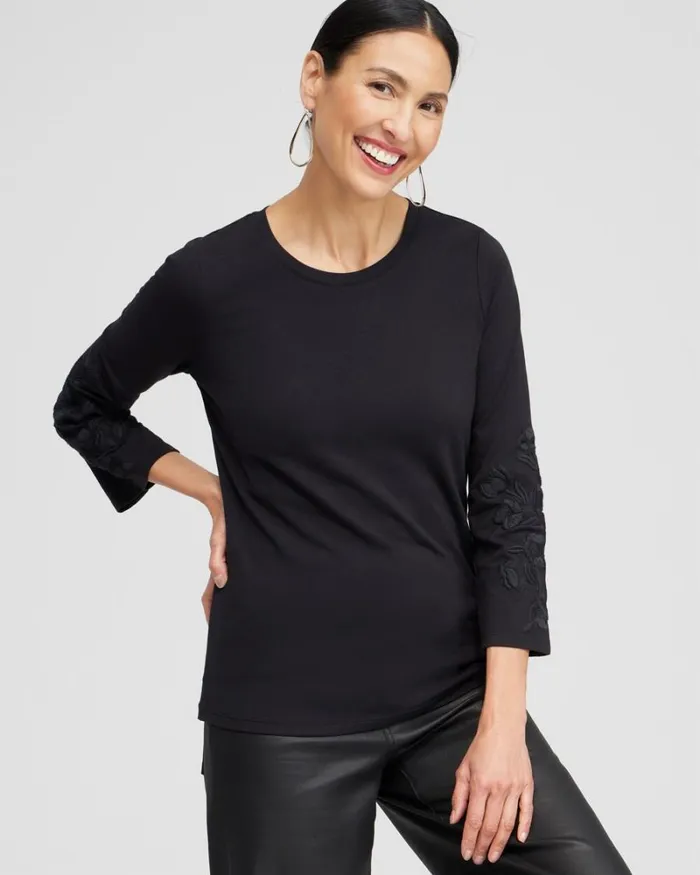 Chico039s Tops Floral Embroidered Sleeve Tee Black 8211 Clothing