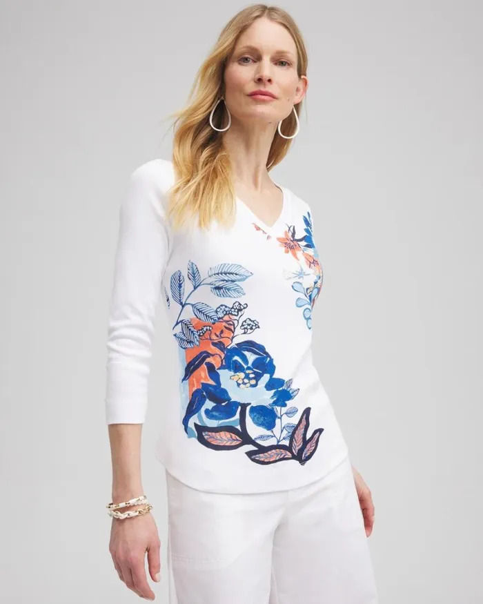 Chico039s Tops Floral Everyday 34 Sleeve Tee Alabaster 8211 Clothing