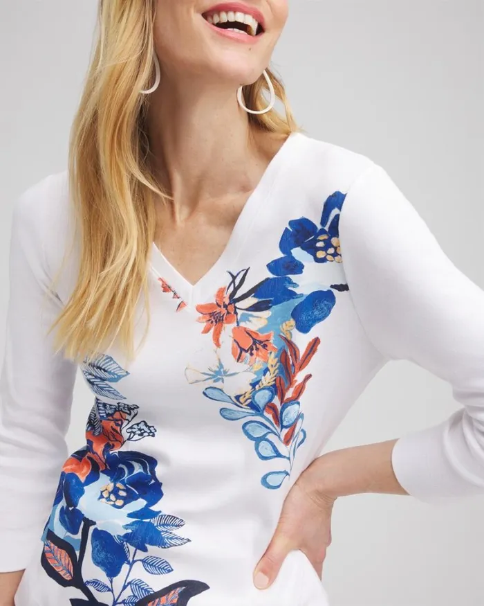 Chico039s Tops Floral Everyday 34 Sleeve Tee Alabaster 8211 Clothing