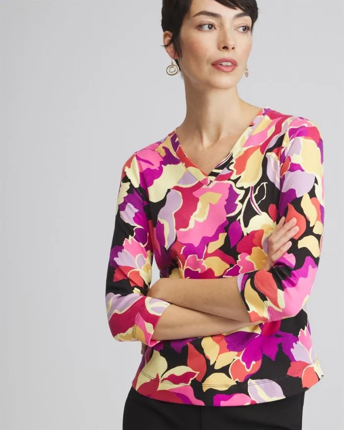Chico039s Tops Floral Everyday 34 Sleeve Tee Fresh Plum 8211 Clothing