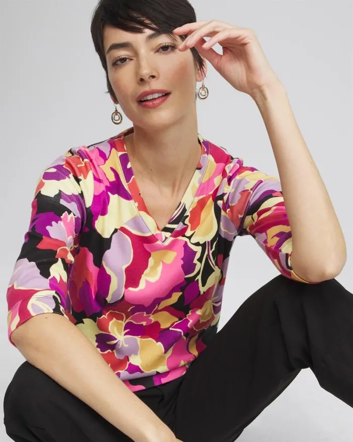 Chico039s Tops Floral Everyday 34 Sleeve Tee Fresh Plum 8211 Clothing