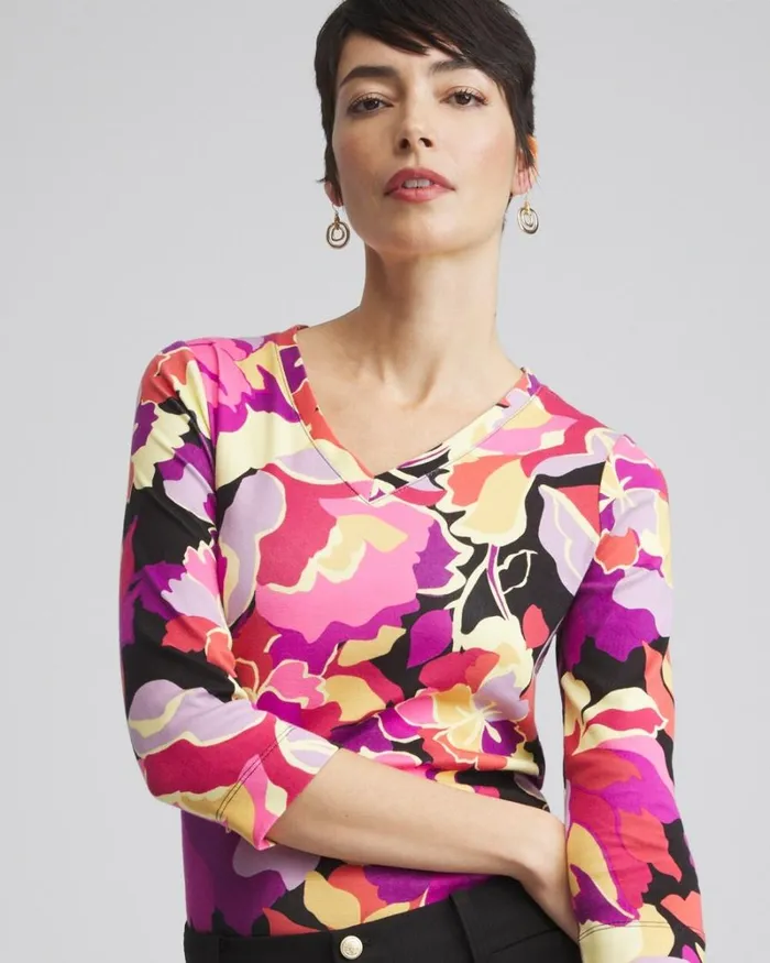 Chico039s Tops Floral Everyday 34 Sleeve Tee Fresh Plum 8211 Clothing