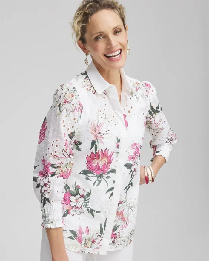 Chico039s Tops Floral Eyelet Shirt Pink Bromeliad 8211 Clothing