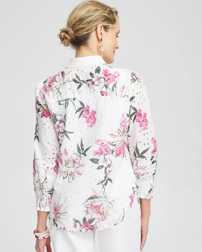 Chico039s Tops Floral Eyelet Shirt Pink Bromeliad 8211 Clothing