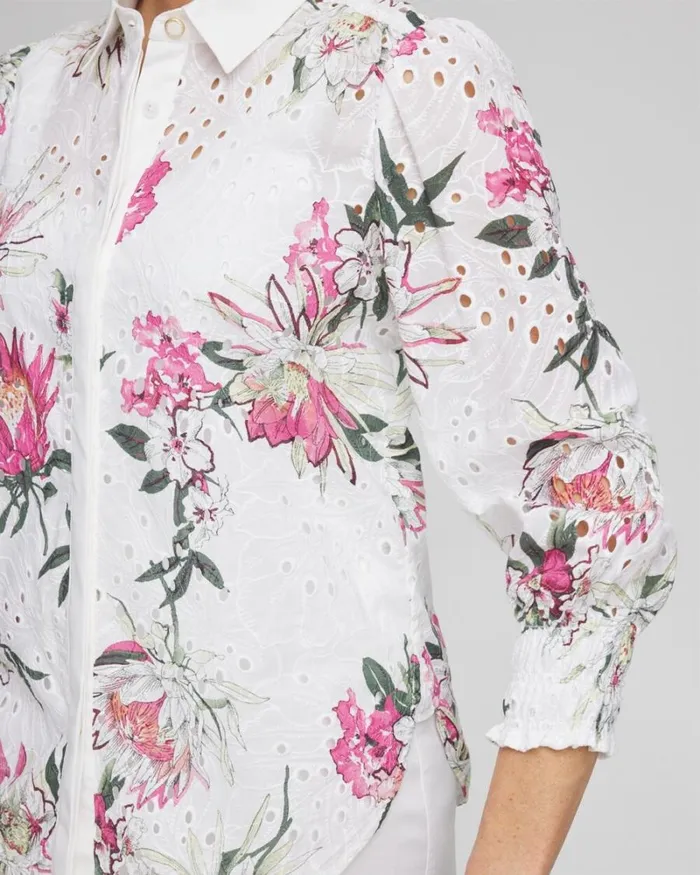 Chico039s Tops Floral Eyelet Shirt Pink Bromeliad 8211 Clothing