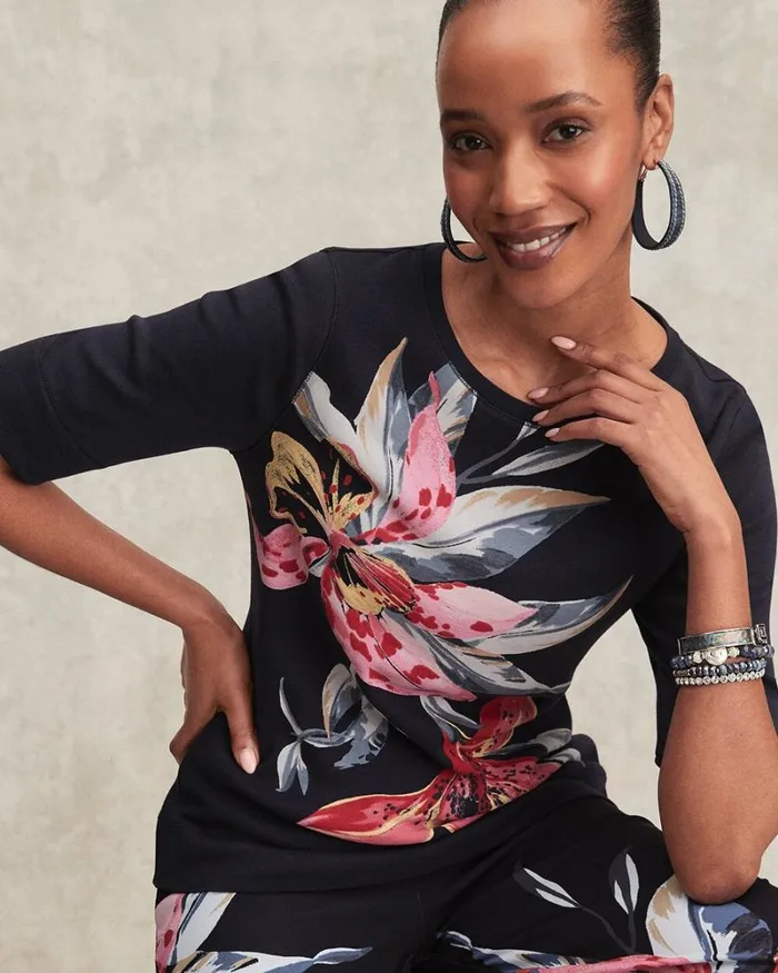 Chico039s Tops Floral Jewel Neck Tee Classic Navy 8211 Clothing