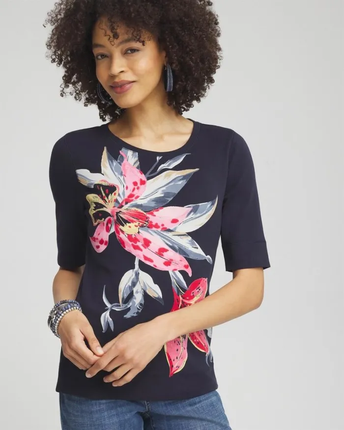 Chico039s Tops Floral Jewel Neck Tee Classic Navy 8211 Clothing