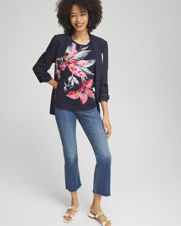 Chico039s Tops Floral Jewel Neck Tee Classic Navy 8211 Clothing