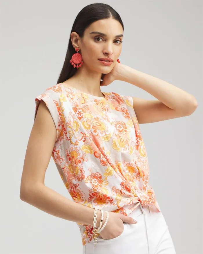 Chico039s Tops Floral Knot Front Tee Smokey Taupe 8211 Clothing