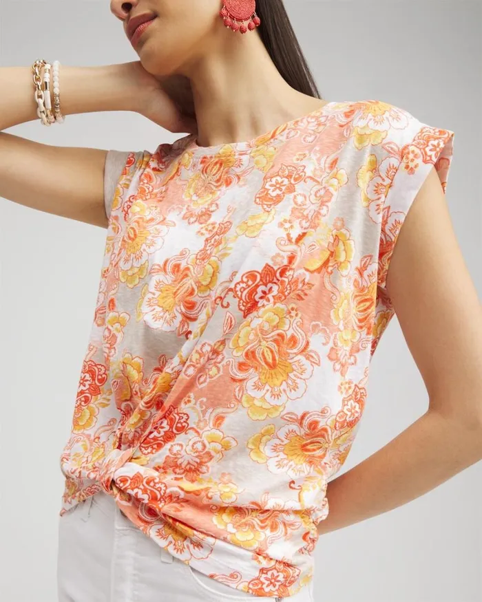 Chico039s Tops Floral Knot Front Tee Smokey Taupe 8211 Clothing