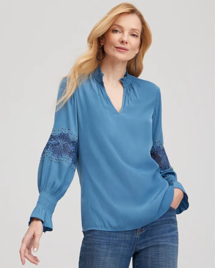 Chico039s Tops Floral Lace Detail Top Blue Echo 8211 Clothing