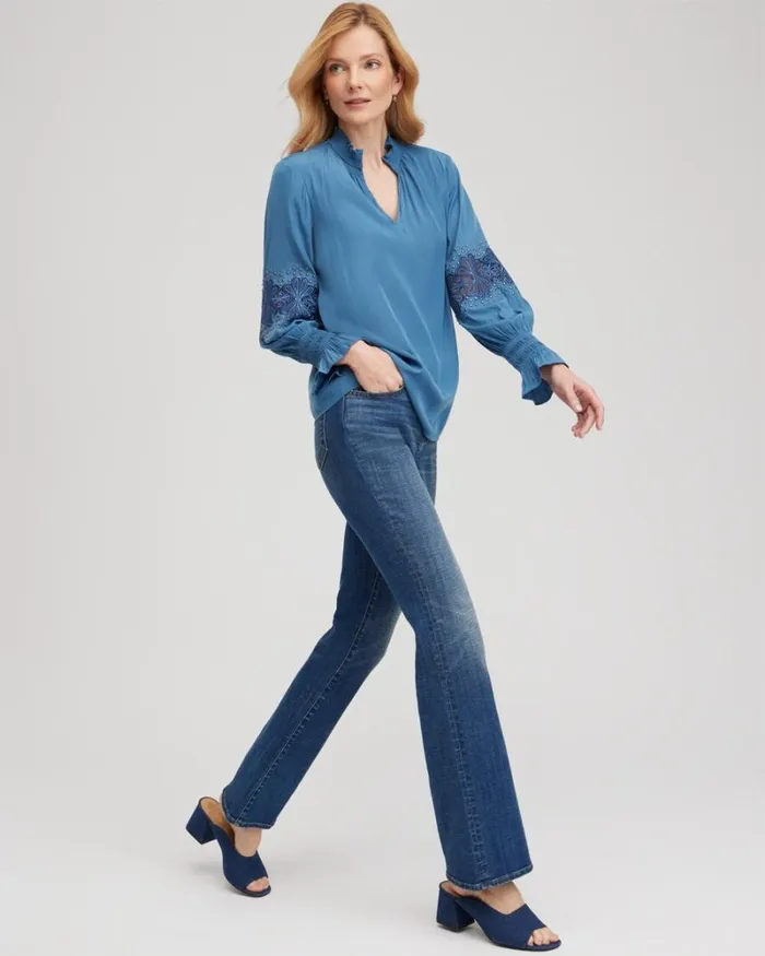 Chico039s Tops Floral Lace Detail Top Blue Echo 8211 Clothing