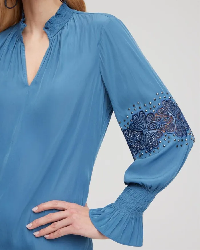 Chico039s Tops Floral Lace Detail Top Blue Echo 8211 Clothing