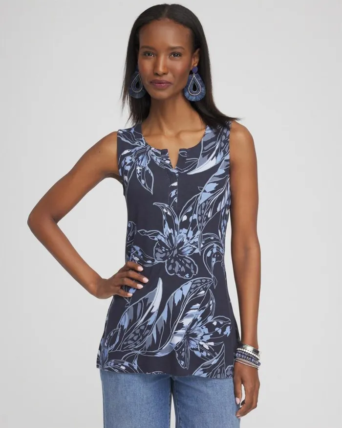 Chico039s Tops Floral Notch Neck Tank Classic Navy 8211 Clothing