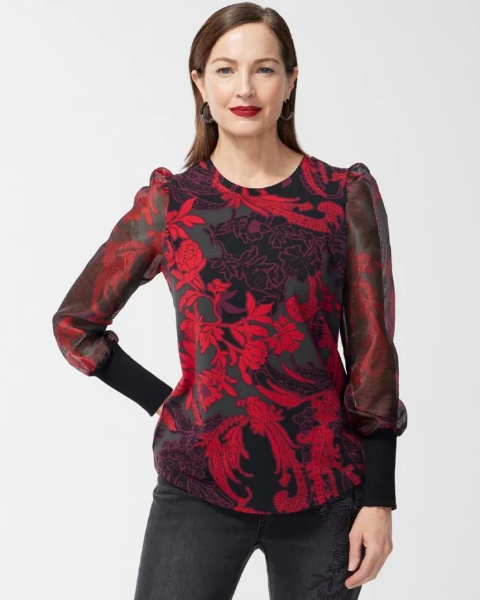 Chico039s Tops Floral Organza Sleeve Tee Black 8211 Clothing