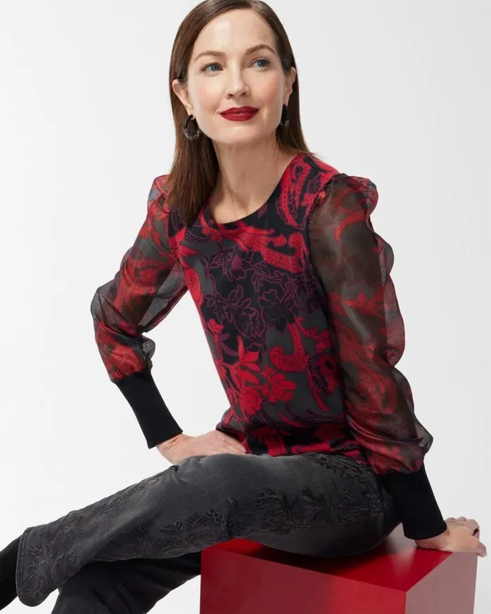 Chico039s Tops Floral Organza Sleeve Tee Black 8211 Clothing