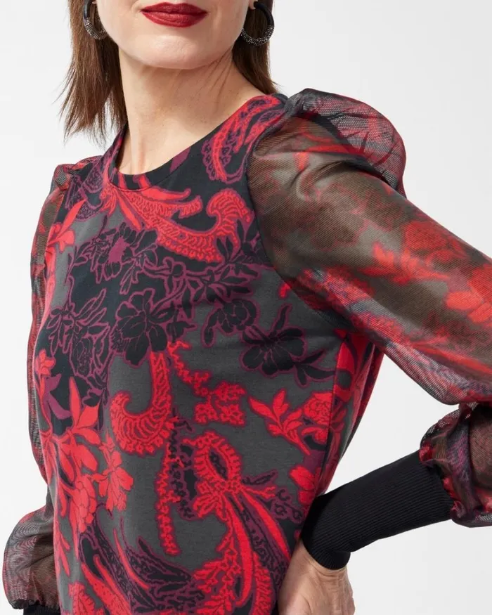 Chico039s Tops Floral Organza Sleeve Tee Black 8211 Clothing