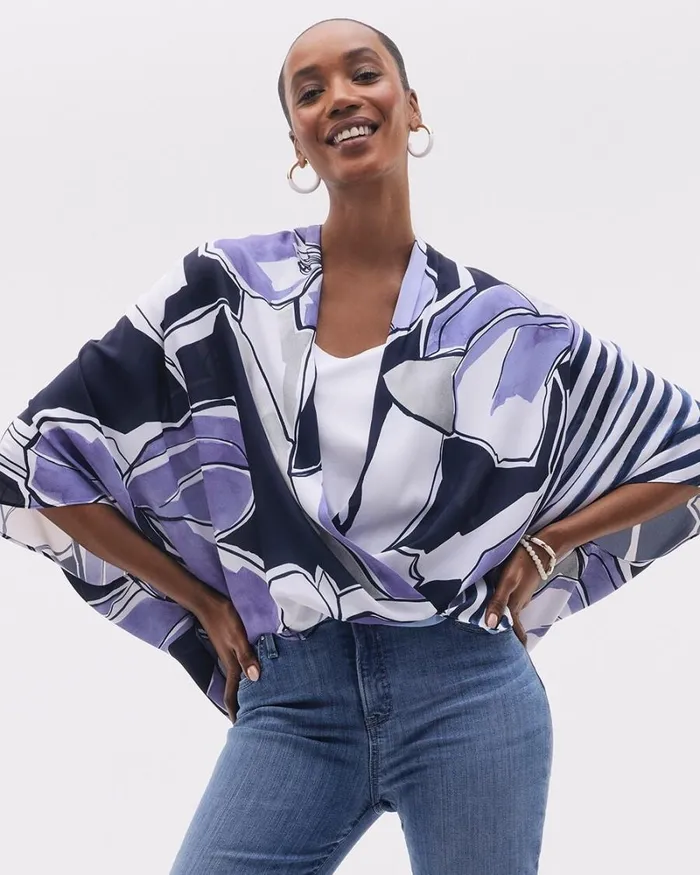 Chico039s Tops Floral Surplice Poncho Classic Navy 8211 Clothing