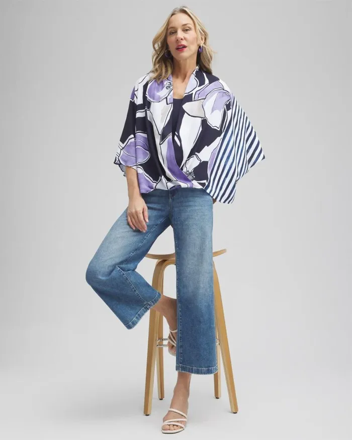 Chico039s Tops Floral Surplice Poncho Classic Navy 8211 Clothing