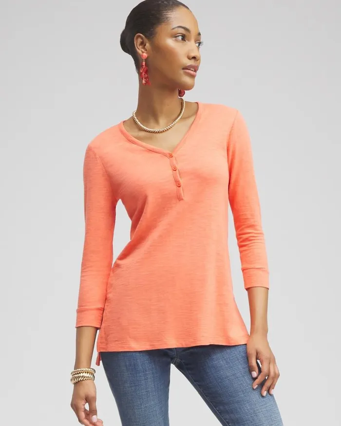 Chico039s Tops Henley Side Slit Tunic Nectarine 8211 Clothing