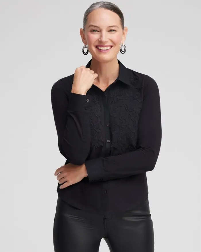 Chico039s Tops Knit Woven Lace Applique Shirt Black 8211 Clothing