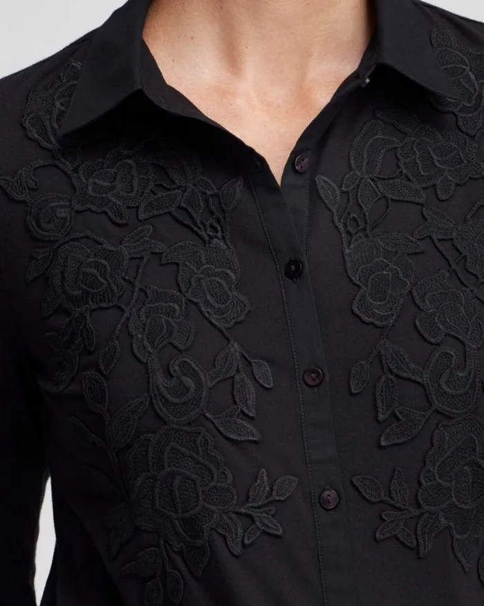 Chico039s Tops Knit Woven Lace Applique Shirt Black 8211 Clothing