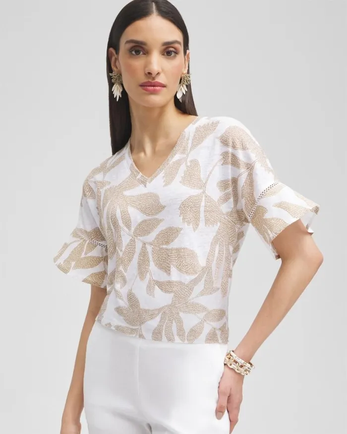 Chico039s Tops Leaves Linen Blend Flutter Sleeve Top Sycamore 8211 Clothing