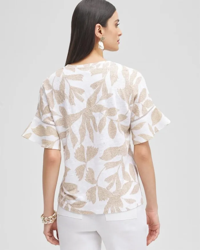 Chico039s Tops Leaves Linen Blend Flutter Sleeve Top Sycamore 8211 Clothing