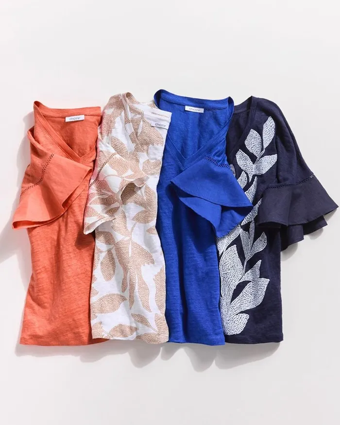 Chico039s Tops Leaves Linen Blend Flutter Sleeve Top Sycamore 8211 Clothing