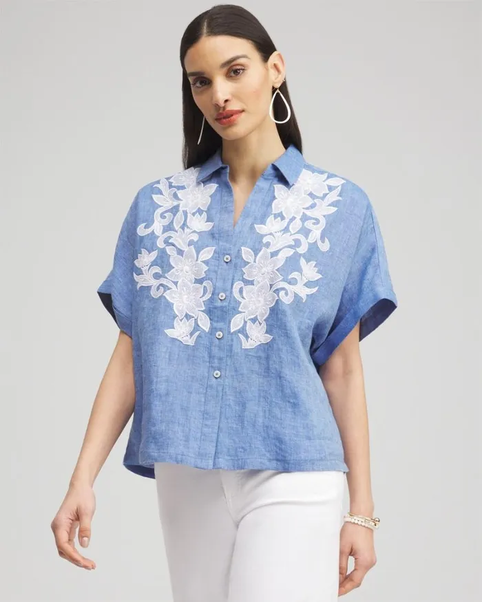 Chico039s Tops Linen Embroidered Applique Shirt Indigo 8211 Clothing