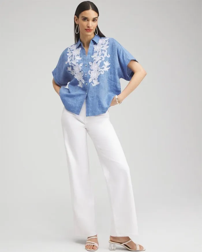 Chico039s Tops Linen Embroidered Applique Shirt Indigo 8211 Clothing