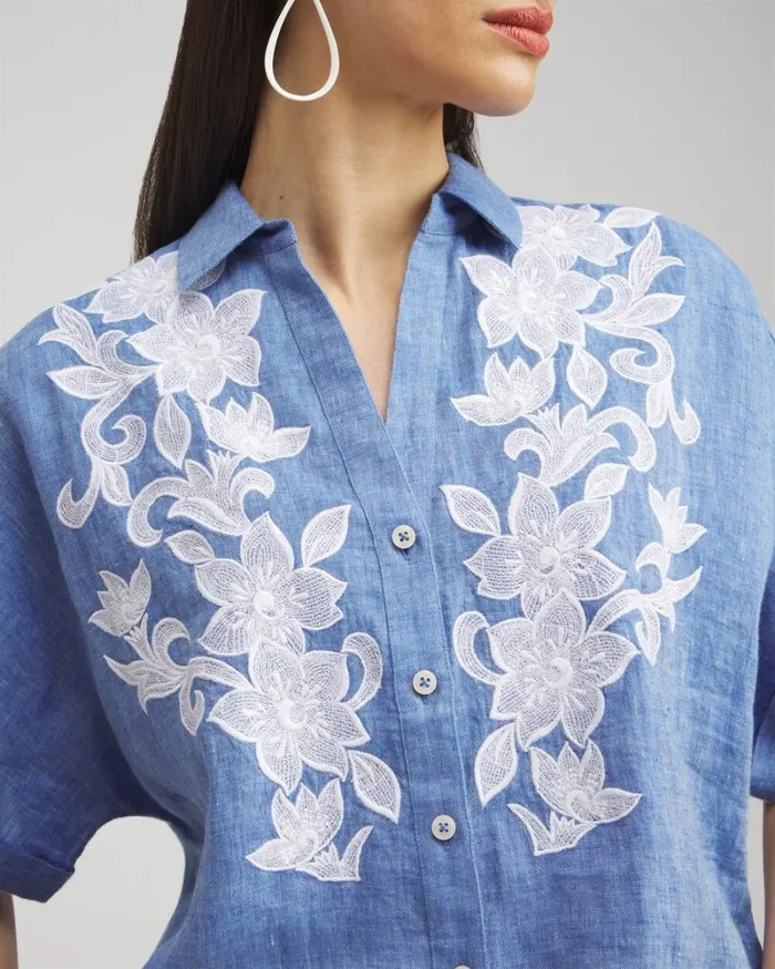 Chico039s Tops Linen Embroidered Applique Shirt Indigo 8211 Clothing