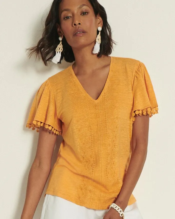 Chico039s Tops Linen Embroidered Flutter Sleeve Top Mango Sorbet 8211 Clothing