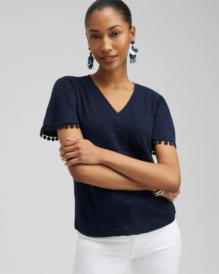 Chico039s Tops Linen Embroidered Flutter Sleeve Top Mango Sorbet 8211 Clothing