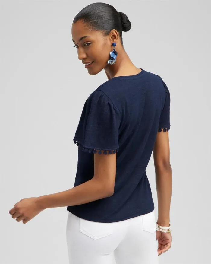 Chico039s Tops Linen Embroidered Flutter Sleeve Top Mango Sorbet 8211 Clothing